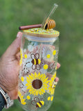 “BeeLove”🍯🐝💕Glass Tumbler w/custom lid